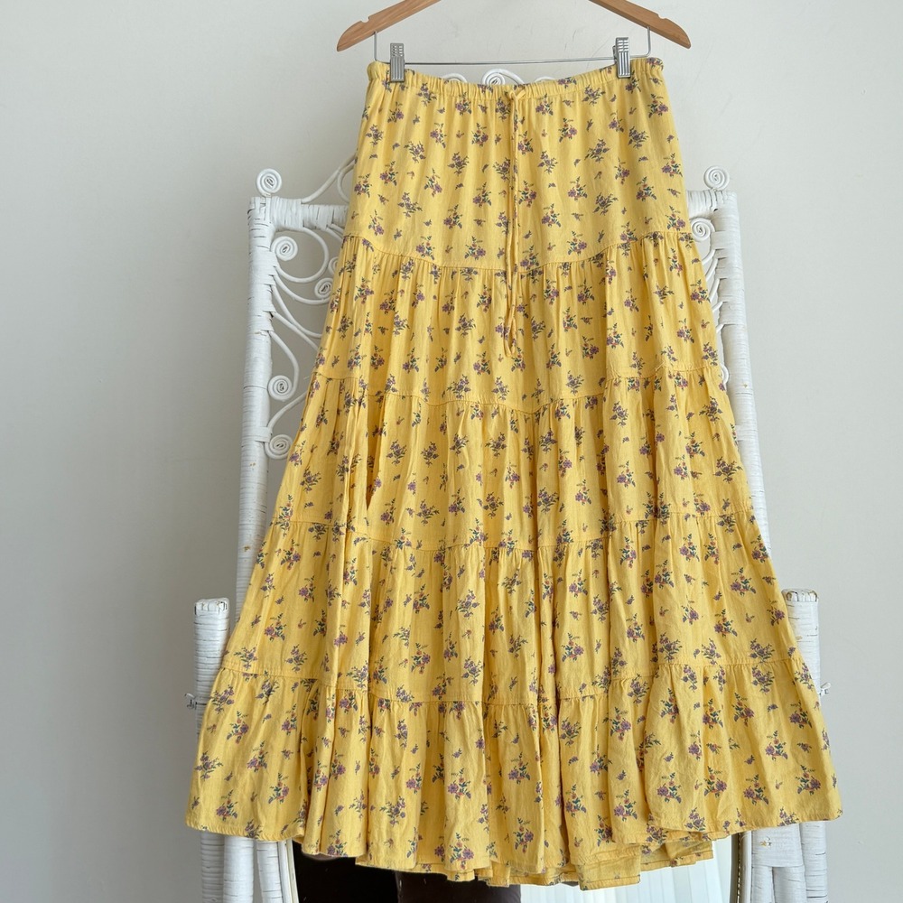 Free People Nova Tiered Maxi Skirt SIZE!! Yellow Floral Linen Blend Cottage Boho